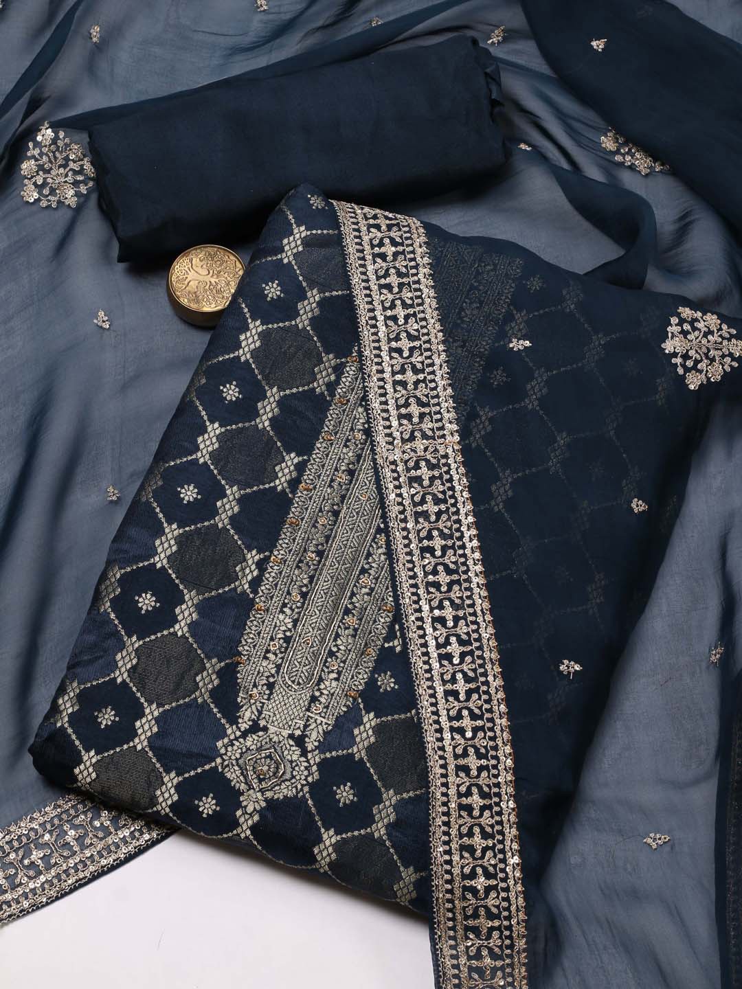 

Meena Bazaar Ethnic Motifs Woven Design Zari Unstitched Dress Material, Navy blue