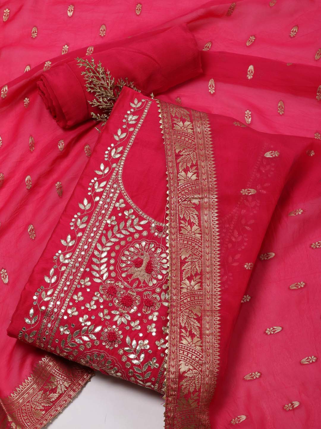 

Meena Bazaar Floral Woven Designed Zari Unstitched Dress Material, Pink