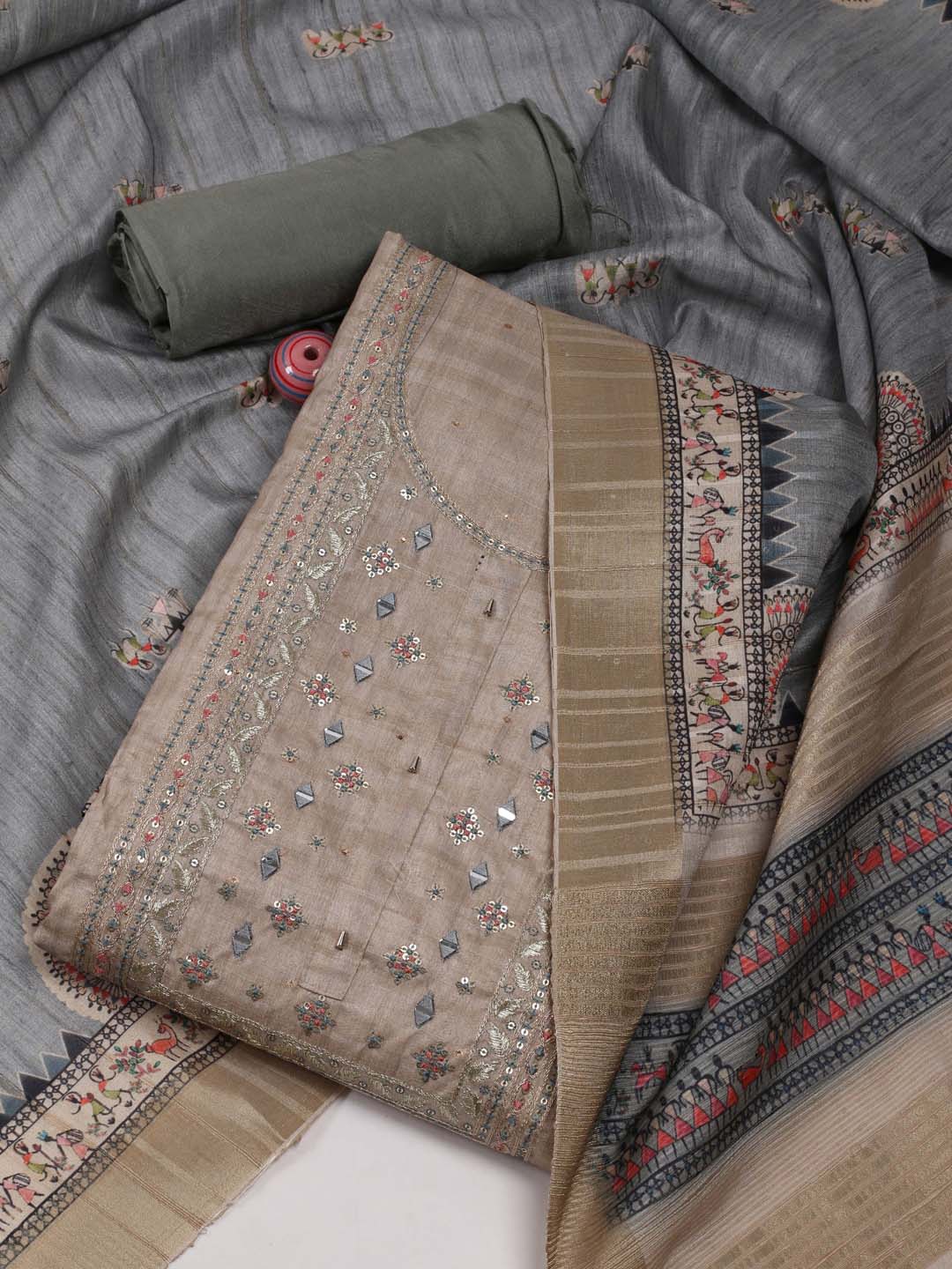 

Meena Bazaar Ethnic Motifs Embroidered Sequinned Tussar Silk Unstitched Dress Material, Beige