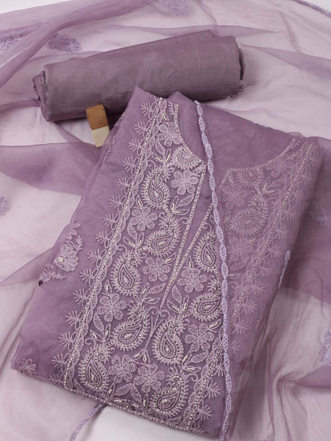

Meena Bazaar Paisley Embroidered Organza Unstitched Dress Material, Purple