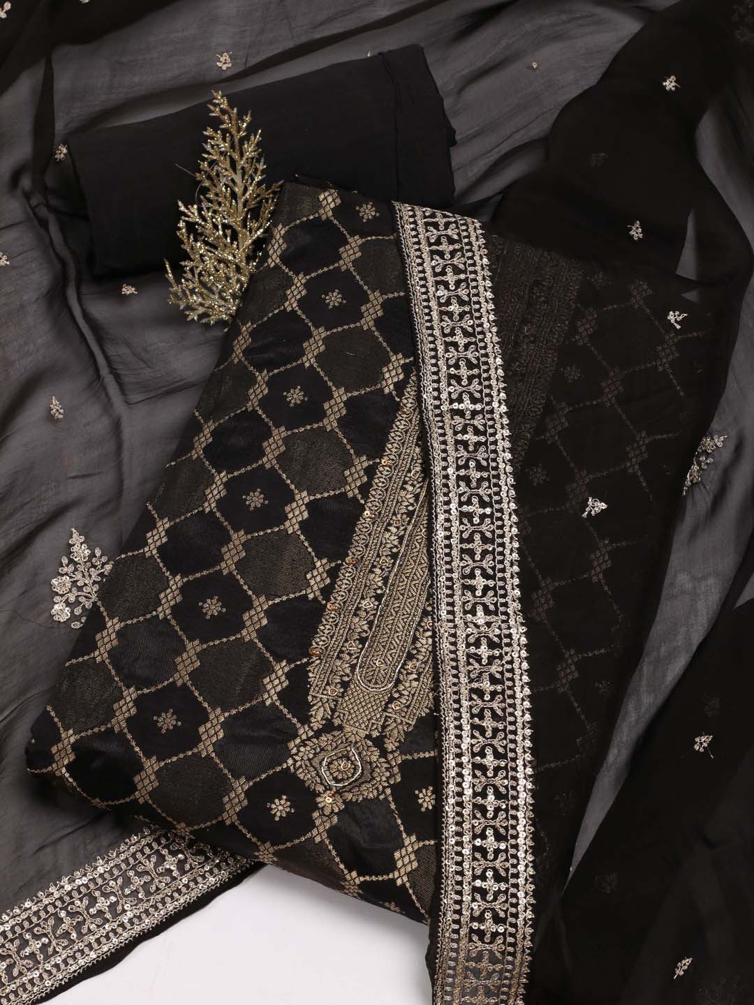 

Meena Bazaar Ethnic motifs Woven Designed Zari Unstitched Dress Material, Black