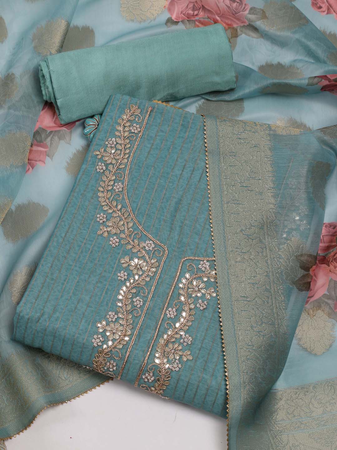 

Meena Bazaar Floral Embroidered Zari Unstitched Dress Material, Blue