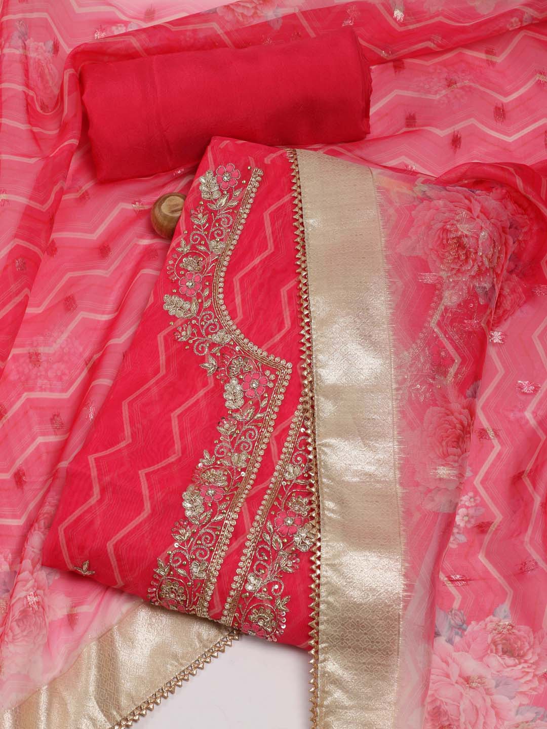 

Meena Bazaar Floral Printed Organza Unstitched Dress Material, Pink