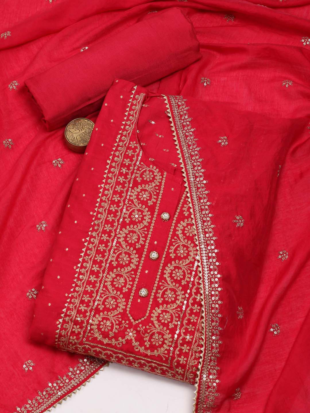 

Meena Bazaar Ethnic Motifs Motifs Embroidered Gotta Patti Unstitched Dress Material, Red
