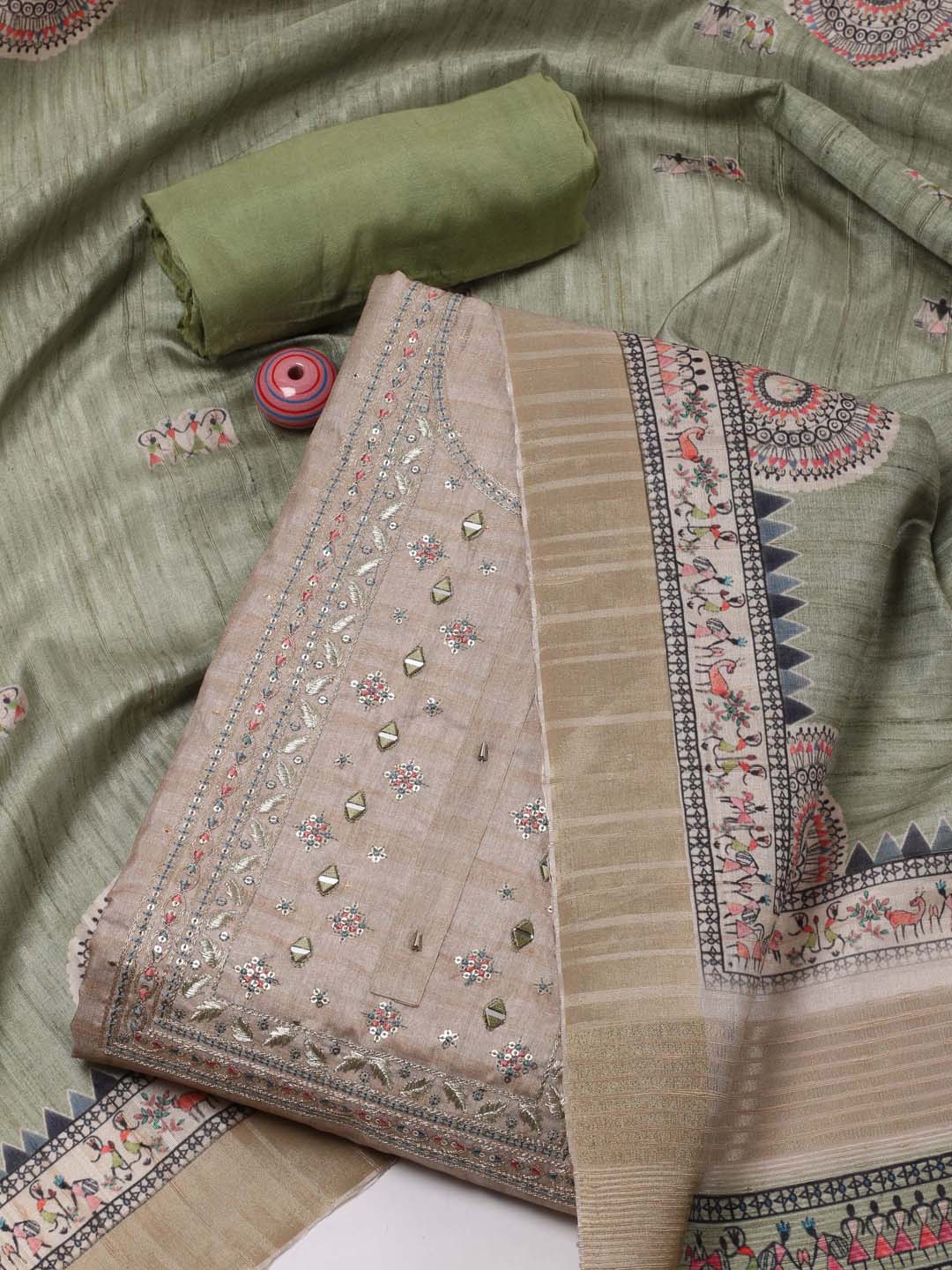 

Meena Bazaar Ethnic Motifs Embroidered Mirror Work Unstitched Dress Material, Beige