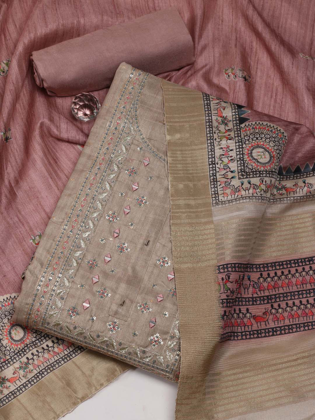 

Meena Bazaar Ethnic Motifs Embroidered Sequinned Tussar Silk Unstitched Dress Material, Beige