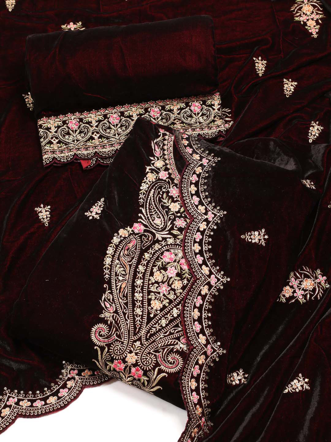 

Meena Bazaar Ethnic Motifs Embroidered Sequined Velvet Unstitched Dress Material, Maroon