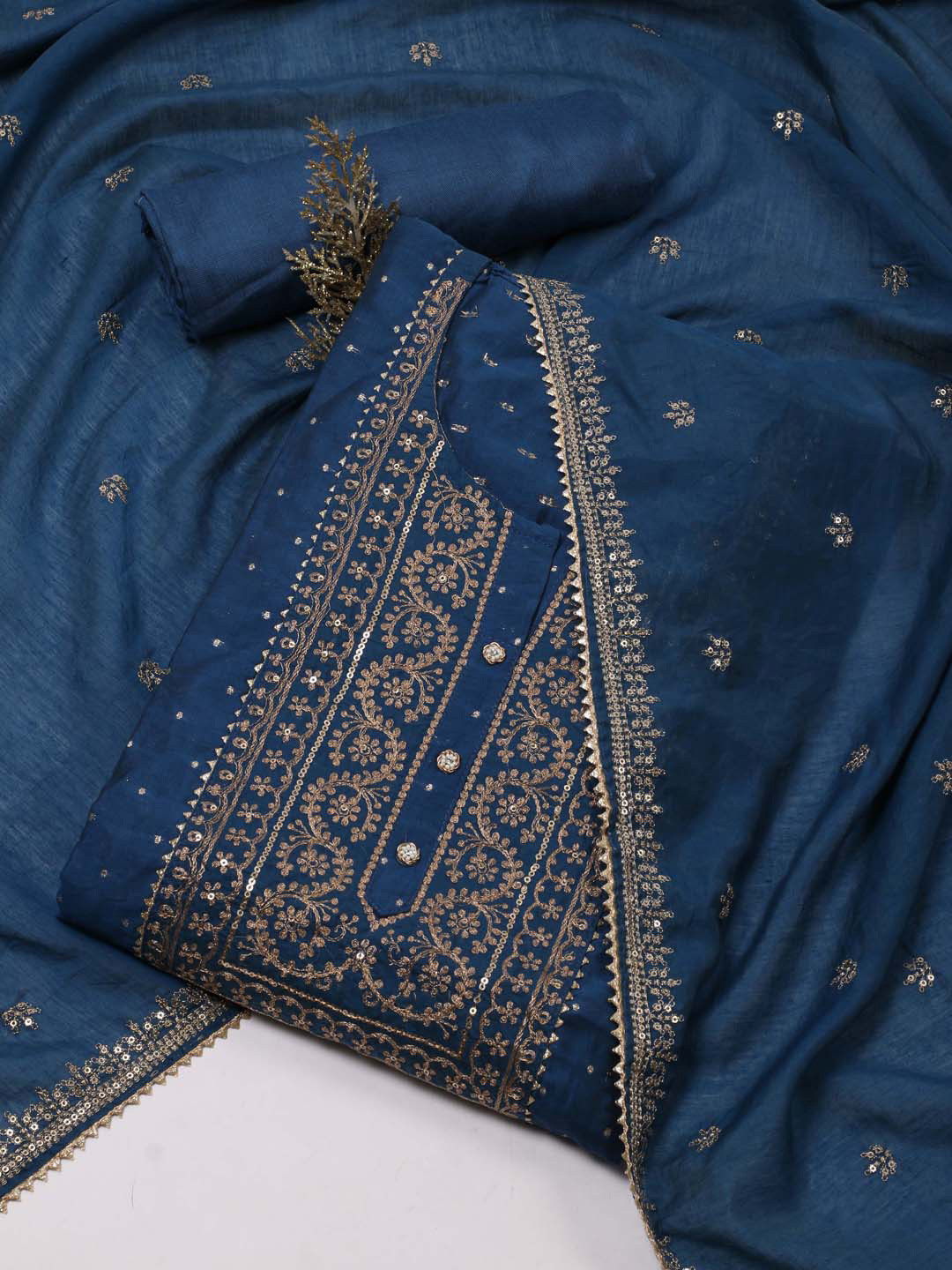 

Meena Bazaar Floral Embroidered Sequinned Unstitched Dress Material, Blue