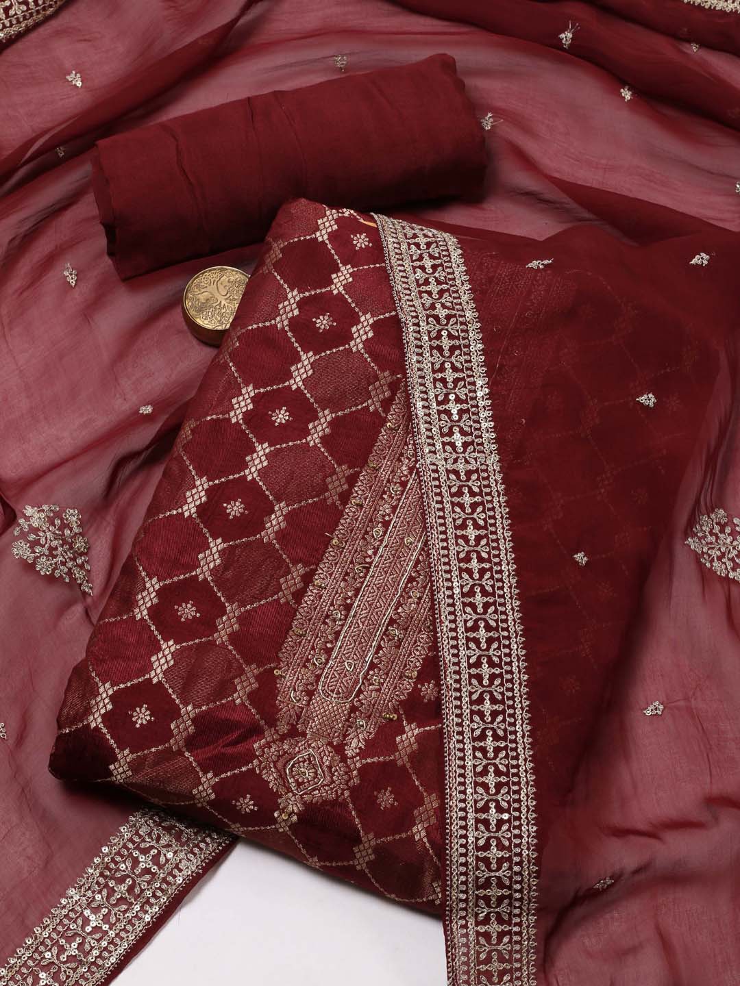 

Meena Bazaar Ethnic Motifs Woven Design Unstitched Dress Material, Maroon