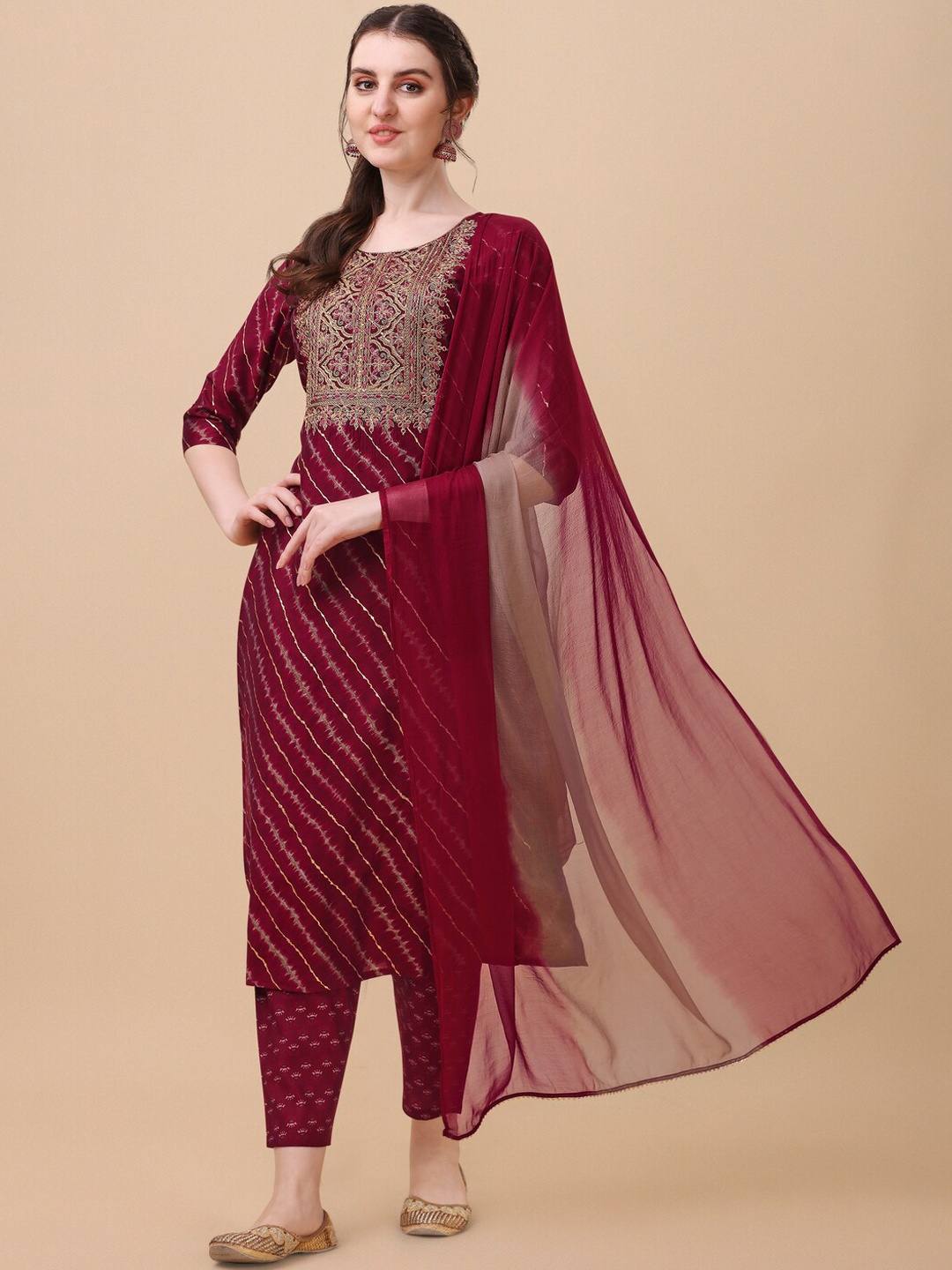 

KALINI Yoke Design Embroidered Regular Chanderi Cotton Kurta with Trousers & Dupatta, Maroon