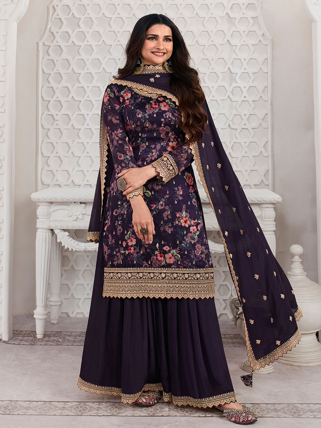 

Seerat Floral Printed Regular Thread Work Kurta & Sharara With Dupatta, Violet