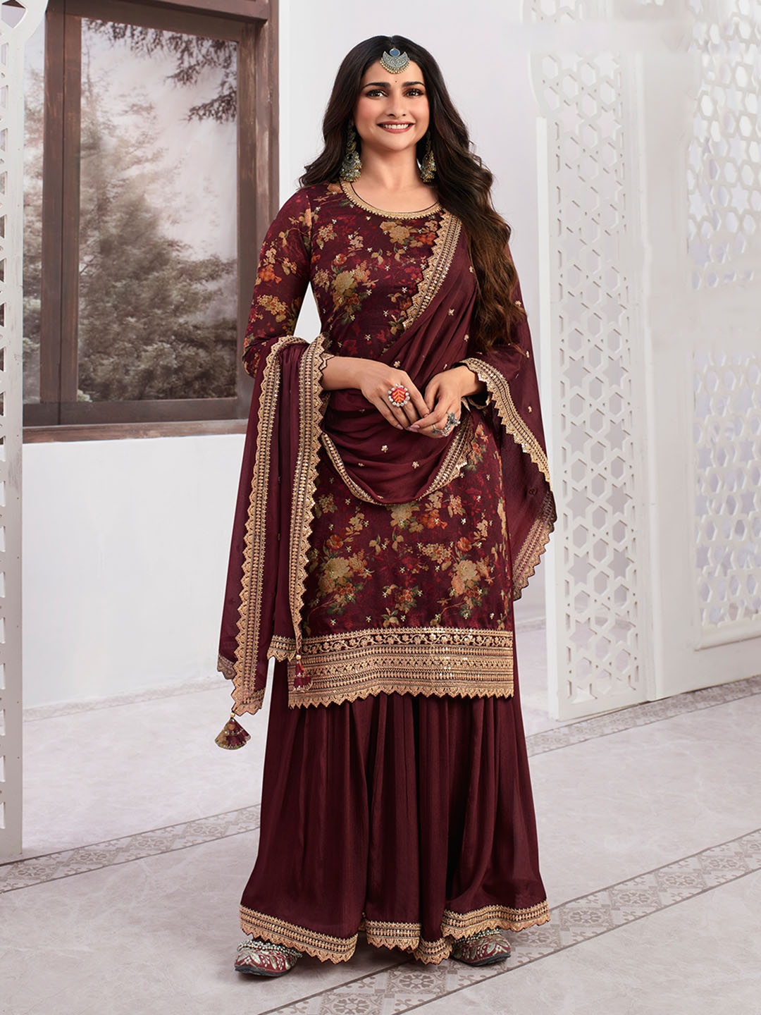 Seerat Floral Printed Thread Work Vichitra Silk Kurta With Palazzo & Dupatta, Maroon