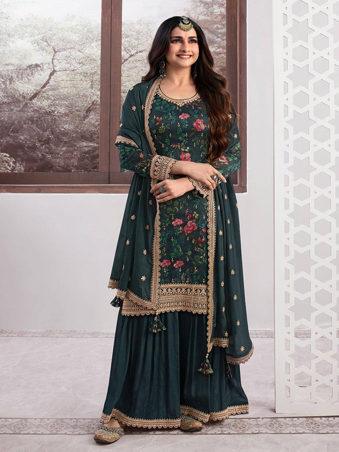 

Seerat Floral Printed Thread Work Vichitra Silk Kurta With Palazzo & Dupatta, Green