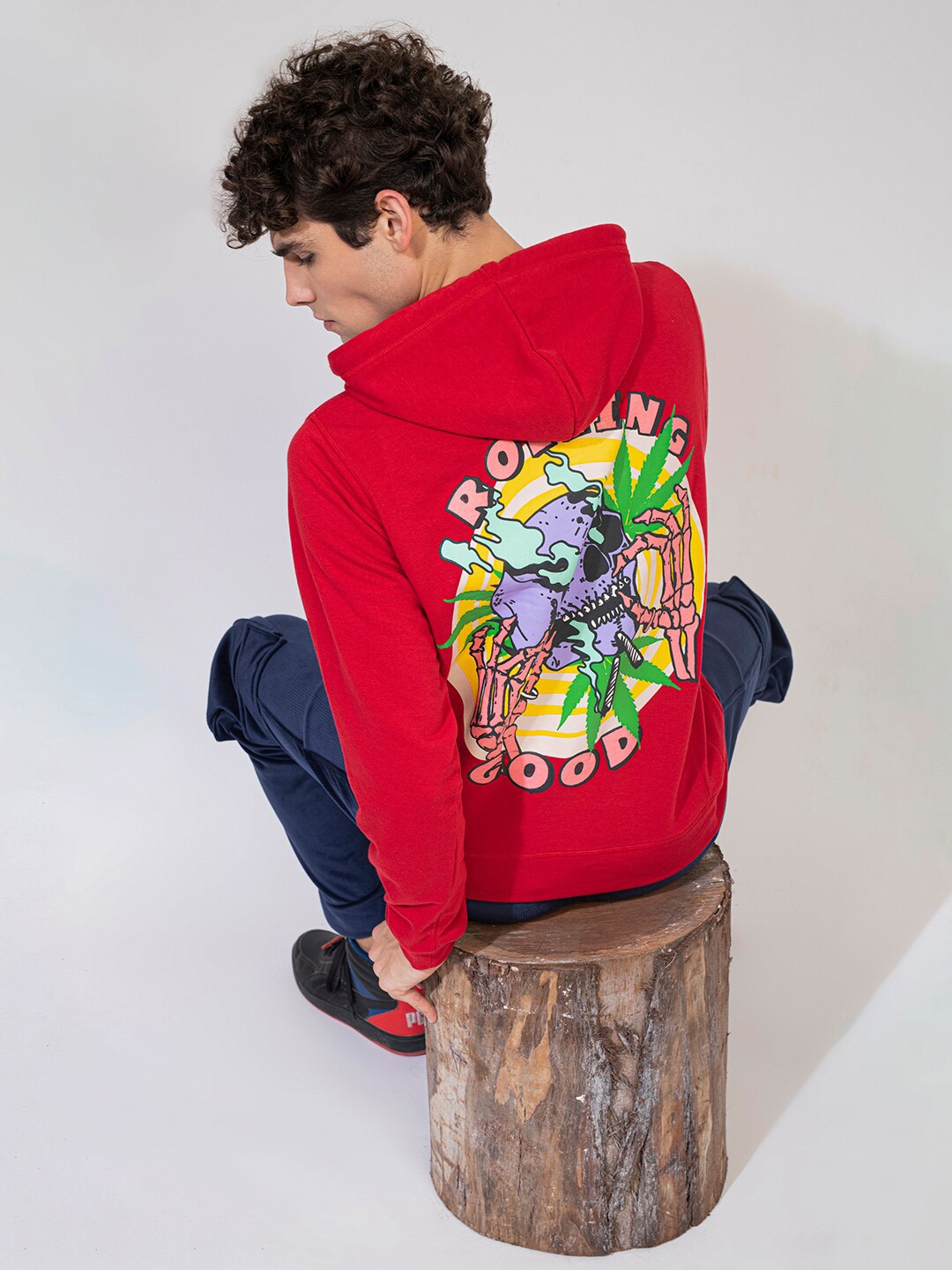 

PUNK Graphic Printed Hooded Cotton Sweatshirt, Red