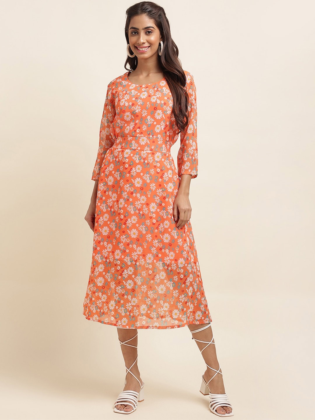 

RAISIN Floral Printed Georgette A-Line Midi Dress, Orange