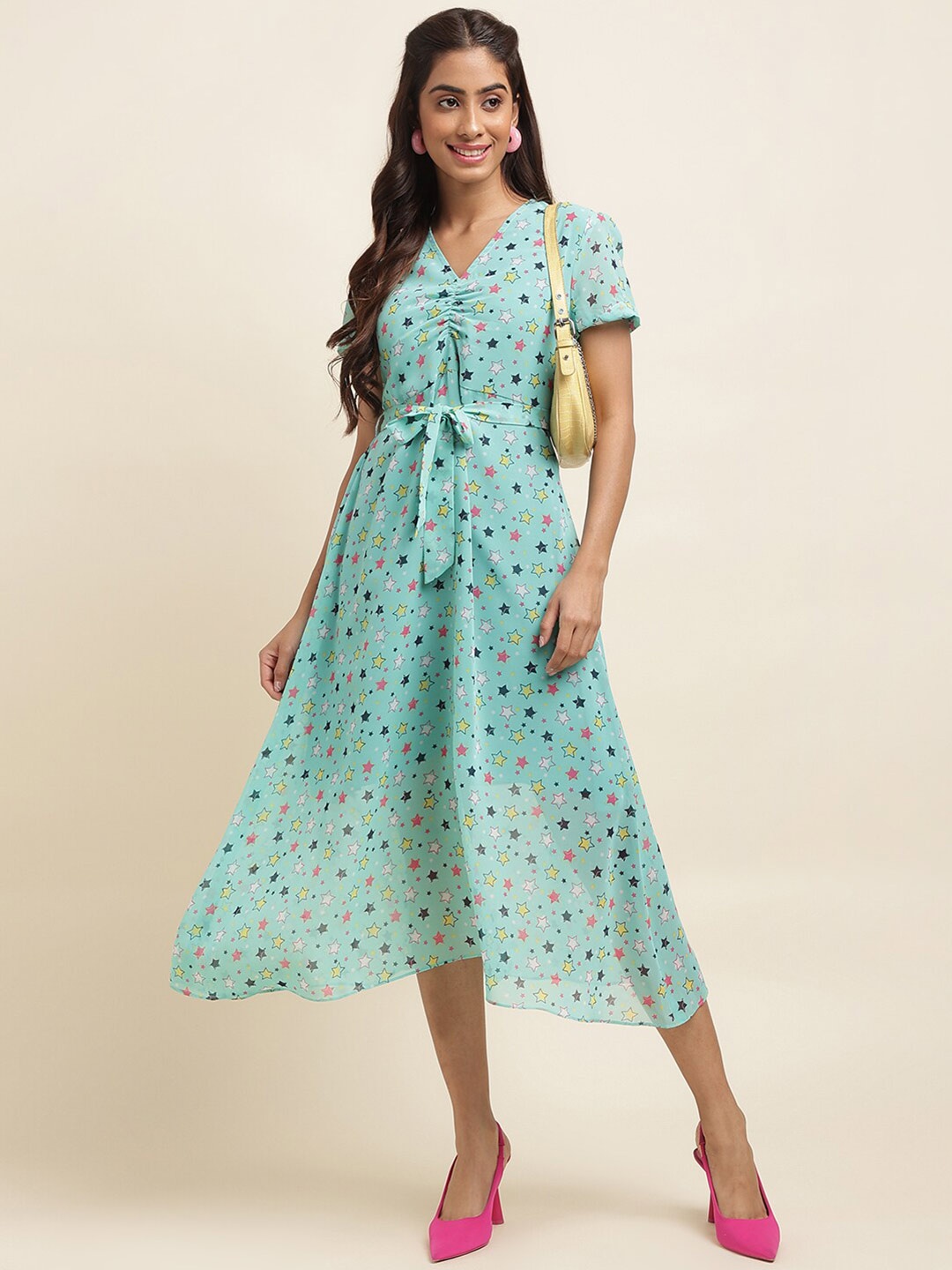 

RAISIN Conversational Printed V-Neck Gathered Georgette A-Line Midi Dress, Blue