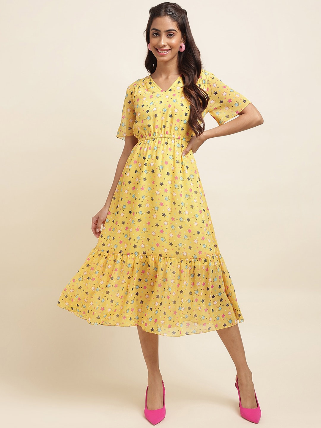 RAISIN Geometric Printed V-Neck Flared Sleeve Gathered Tiered Georgette A-Line Midi Dress, Yellow