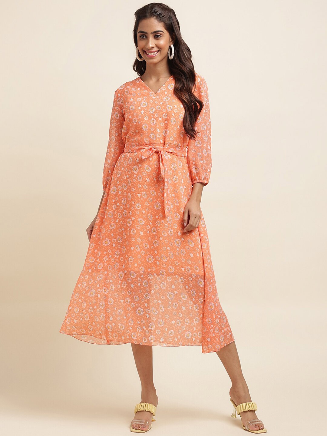

RAISIN Floral Printed V-Neck Puff Sleeves Belted Georgette A-Line Midi Dress, Peach