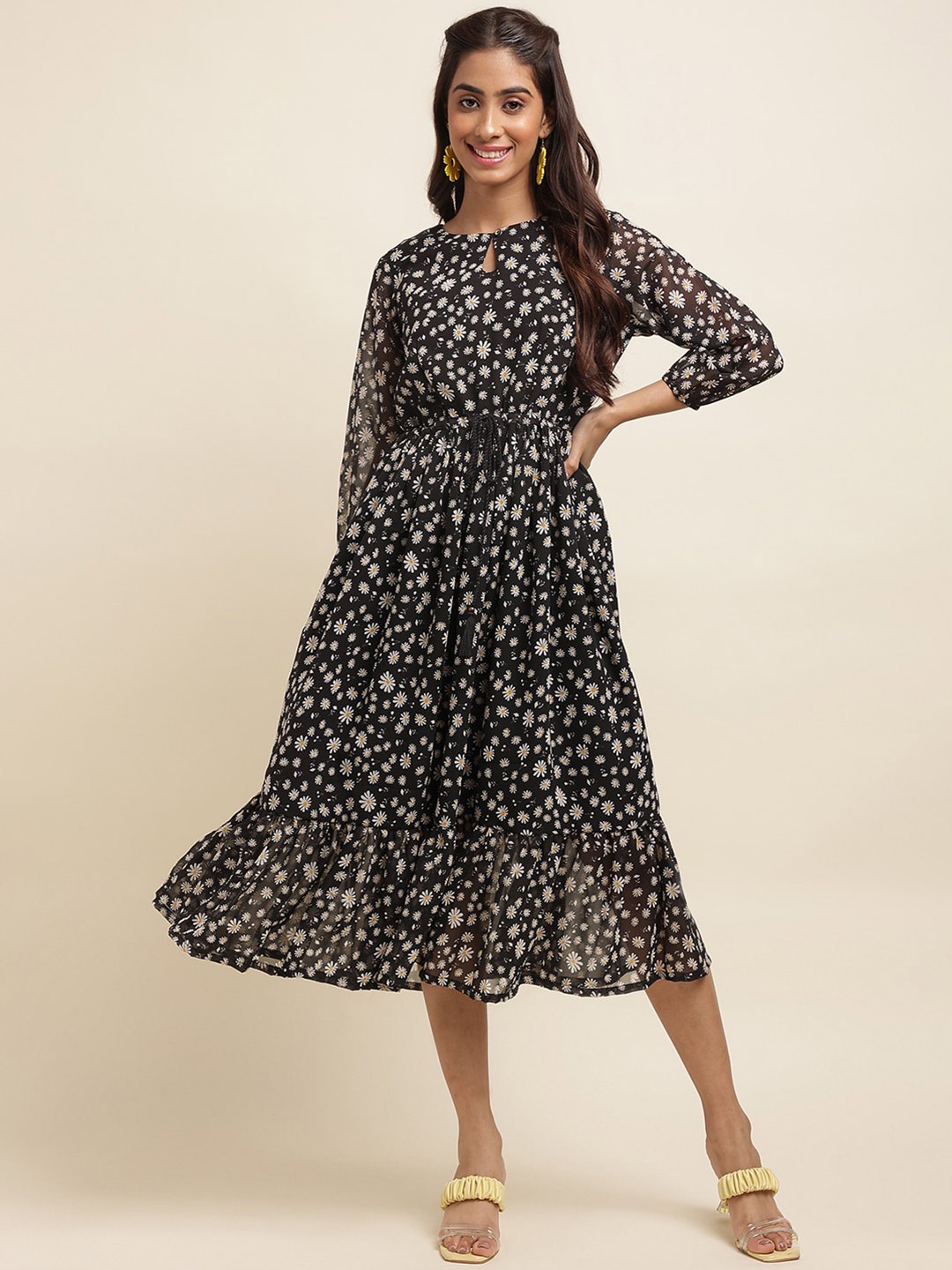 

RAISIN Floral Printed Keyhole Neck Gathered Tiered Georgette Fit & Flare Midi Dress, Black