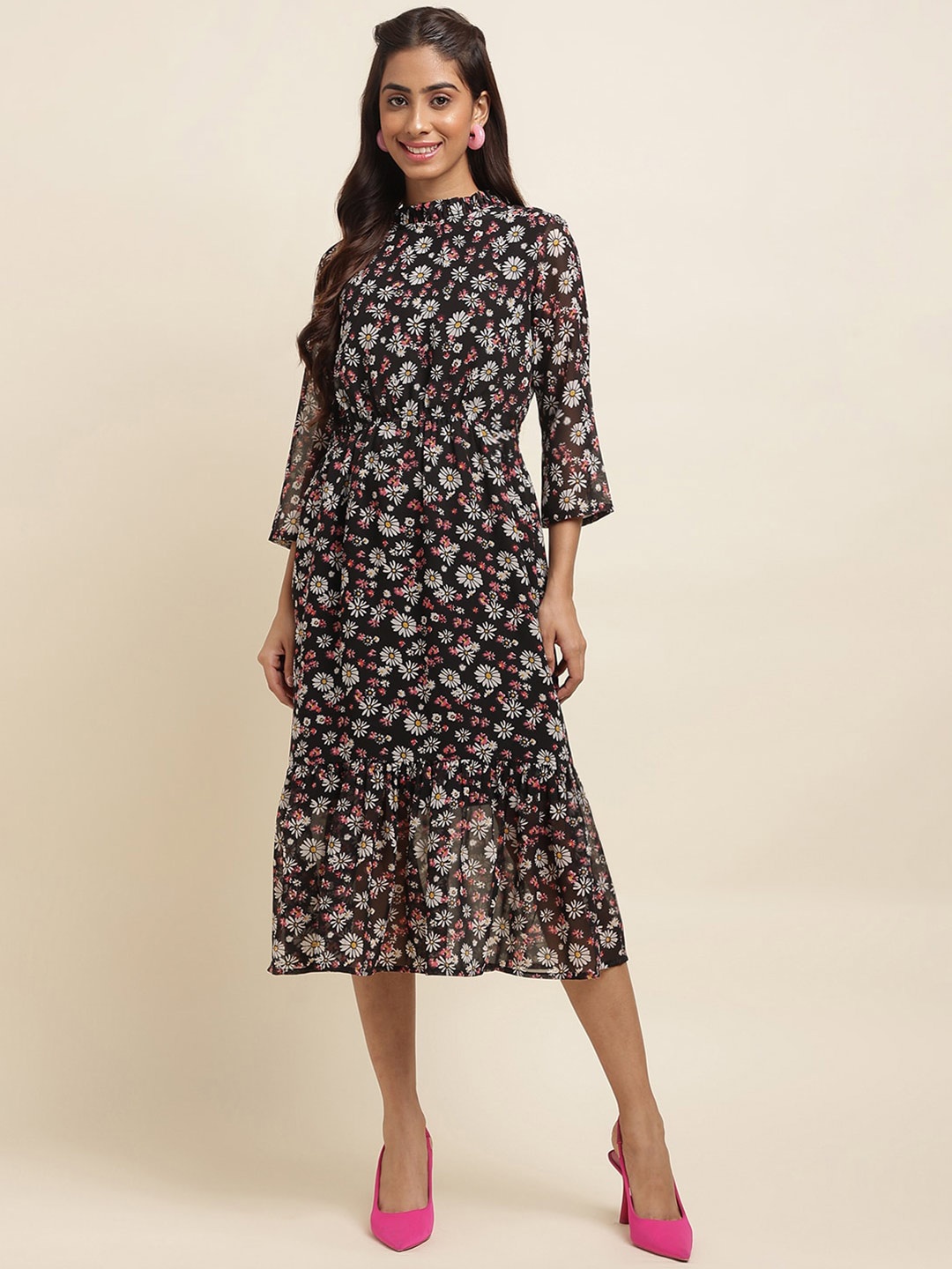 RAISIN Floral Printed Mock Neck Gathered Tiered Georgette A-Line Midi Dress, Black