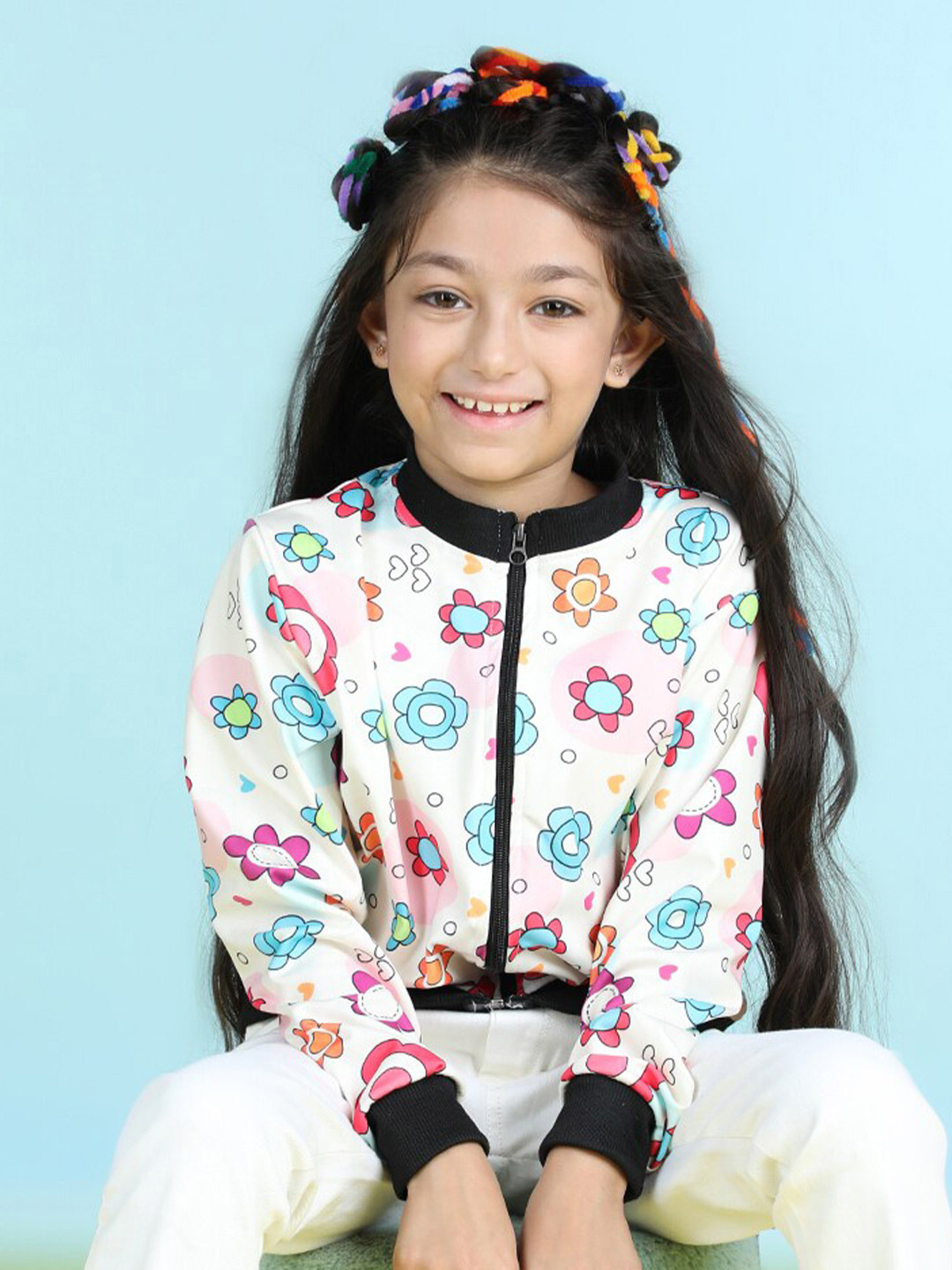 

Cutiekins Girls Floral Printed Mock Collar Long Sleeves Fleece Front-Open Sweatshirt, Off white