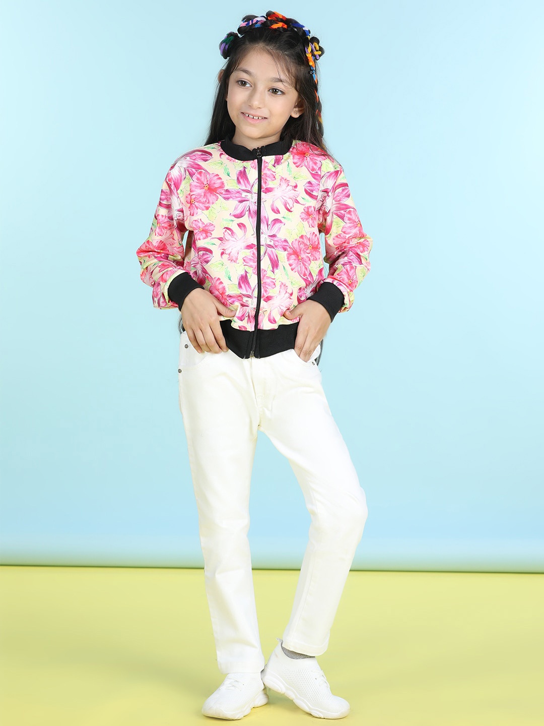

Cutiekins Girls Floral Printed Mock Collar Long Sleeves Fleece Front-Open Sweatshirt, Fuchsia