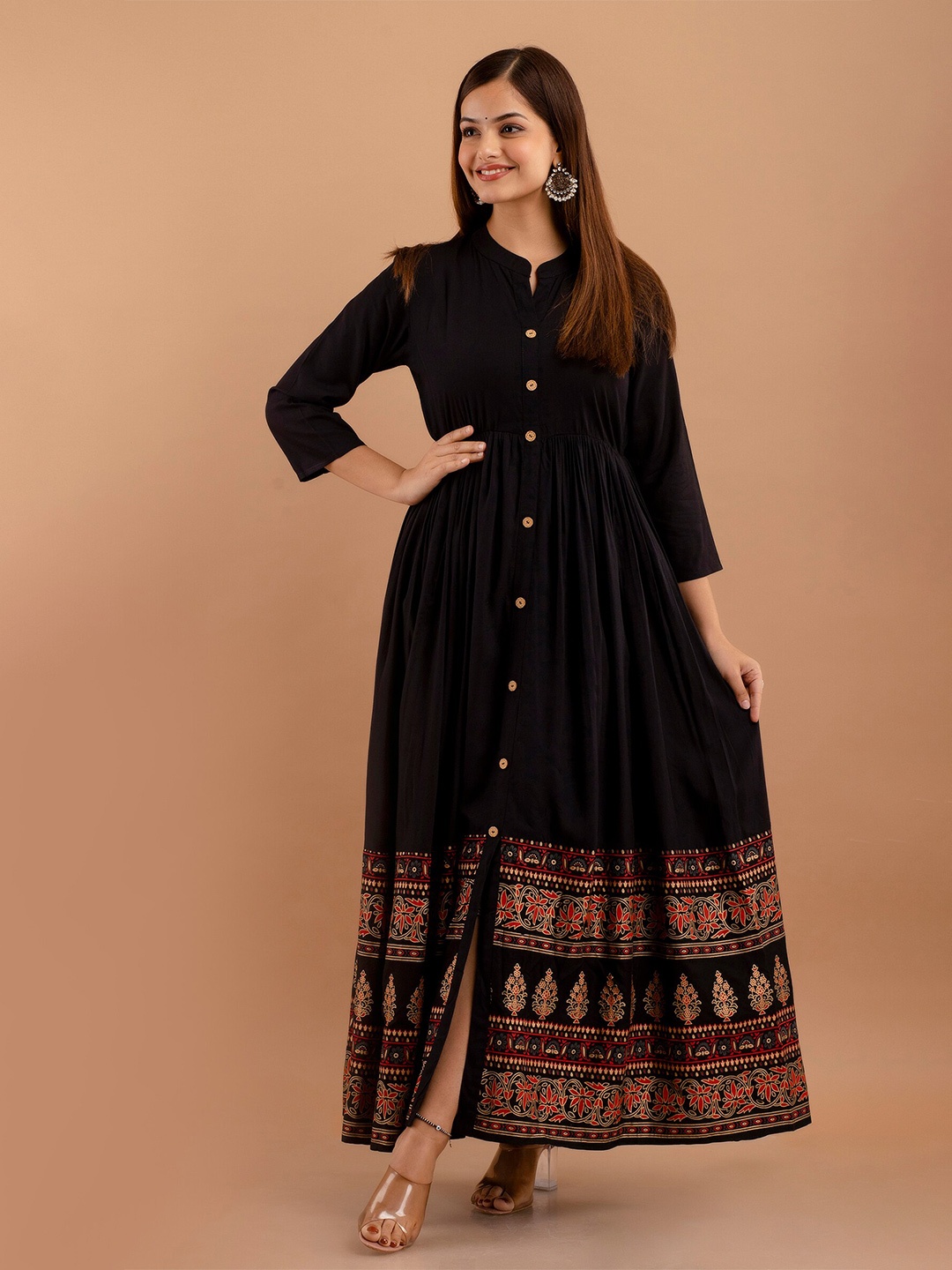 

PURSHOTTAM WALA Black Ethnic Motifs Print Mandarin Collar Fit and Flare Maxi Ethnic Dress