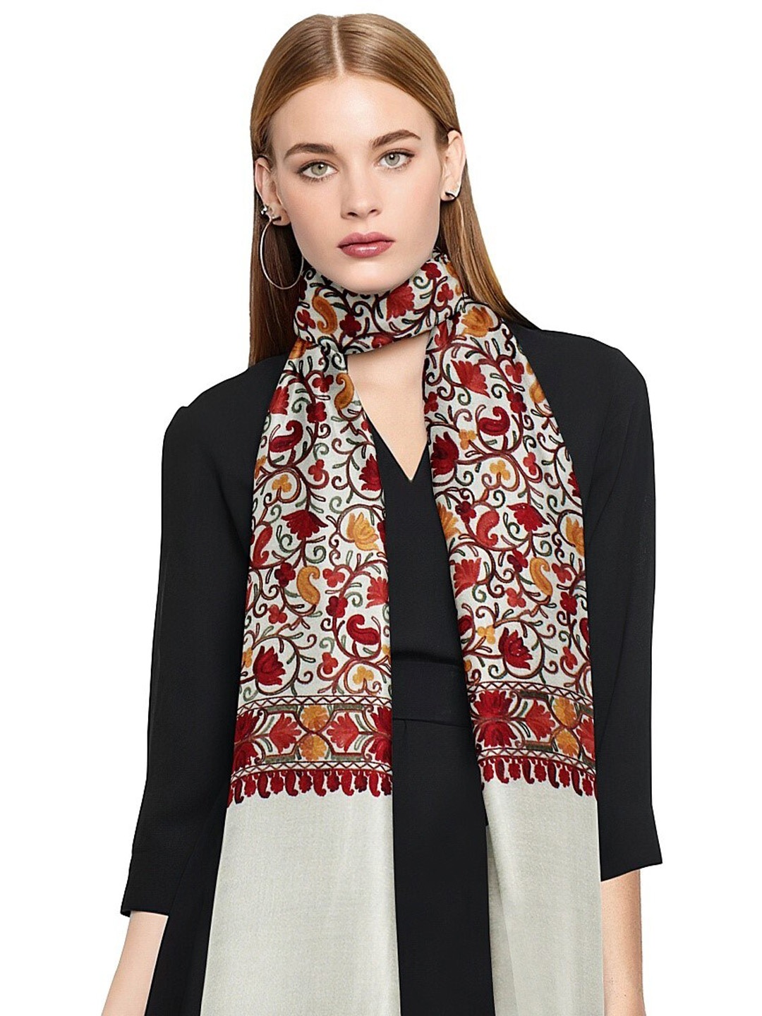 

CASMIR Floral Embroidered Stole, Cream