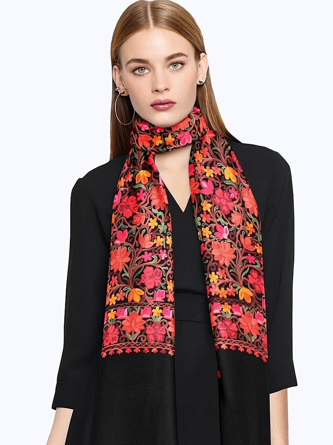 

CASMIR Floral Embroidered Aari Work Fringed Shawl, Red