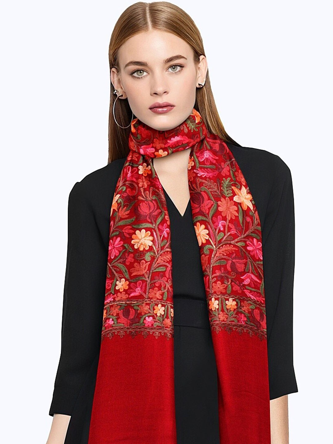 

CASMIR Floral Embroidered Aari Work Fringed Shawl, Maroon