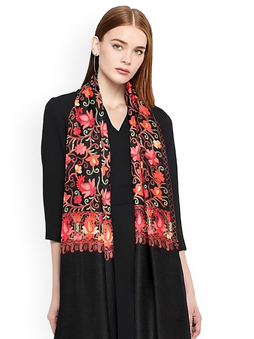 

CASMIR Floral Embroidered Aari Work Fringed Shawl, Black