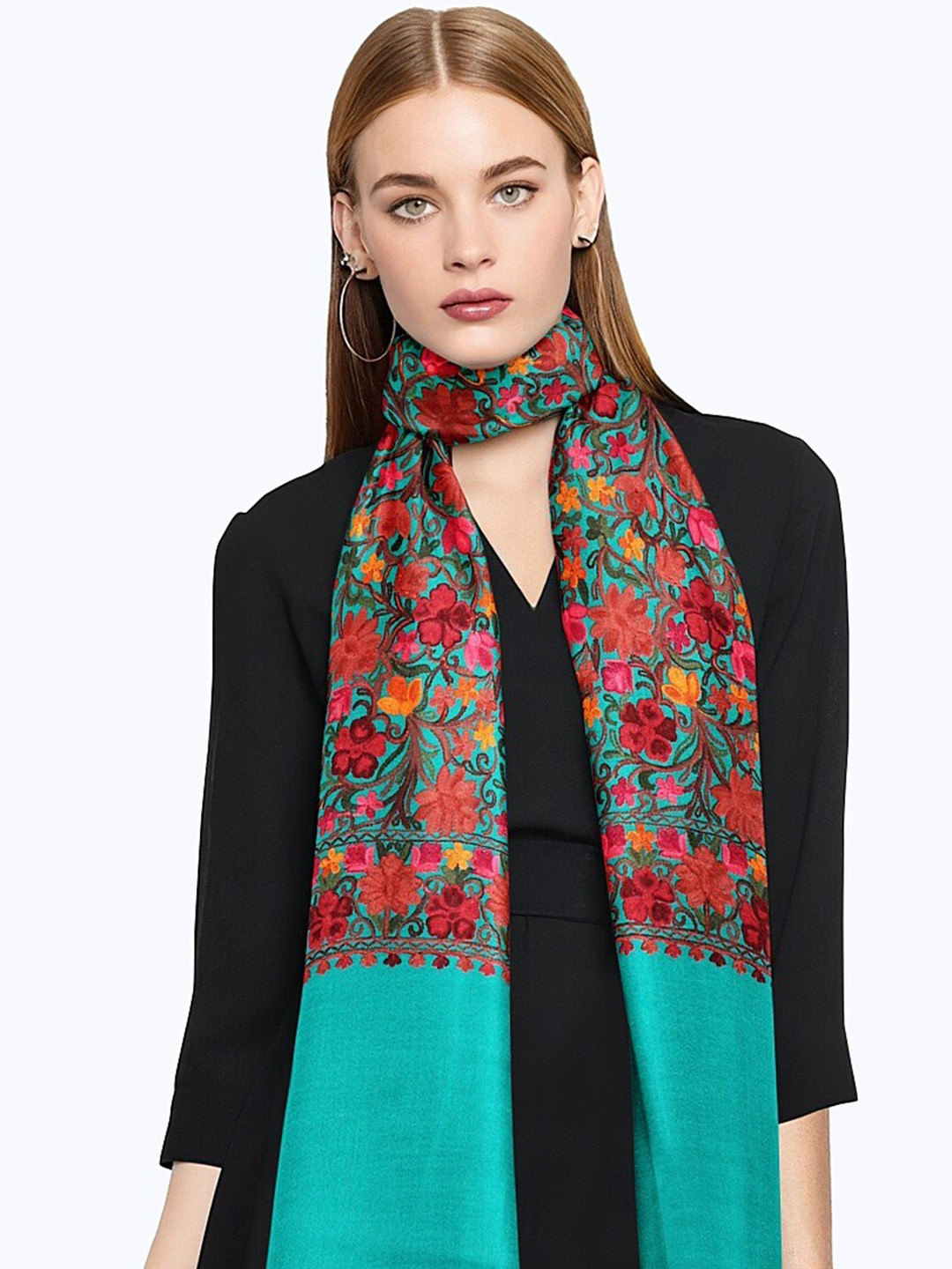 

CASMIR Floral Embroidered Shawl, Sea green