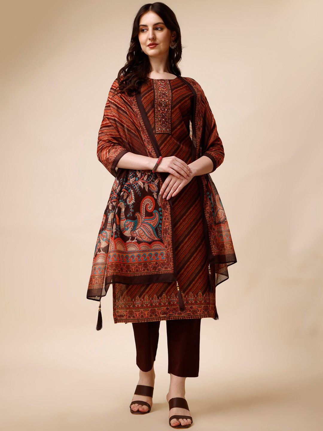 

KALINI Leheriya Printed Beads and Stones Straight Kurta & Trousers With Dupatta, Brown