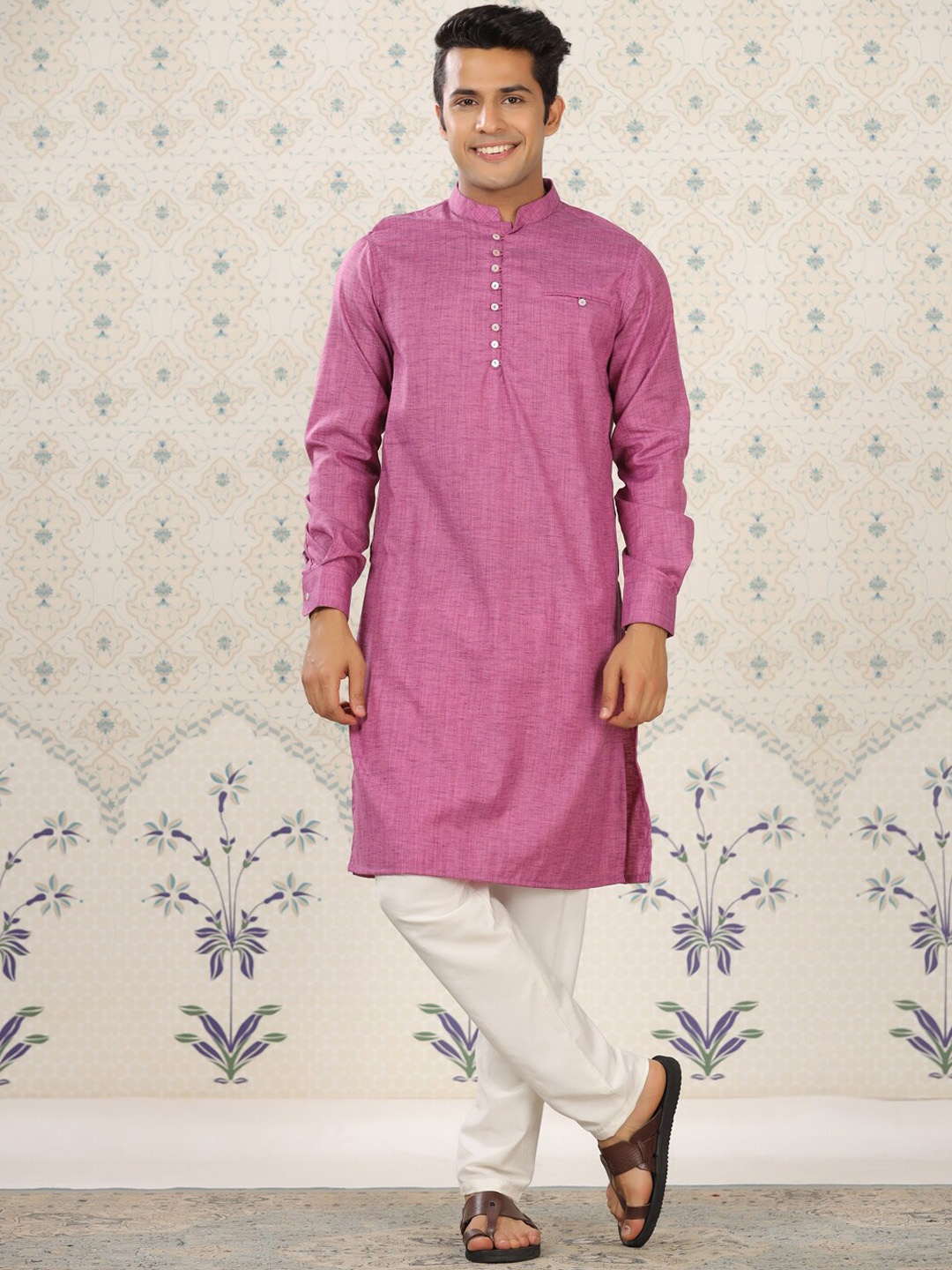 

Ode by House of Pataudi Mandarin Collar Pure Cotton Straight Kurta, Violet