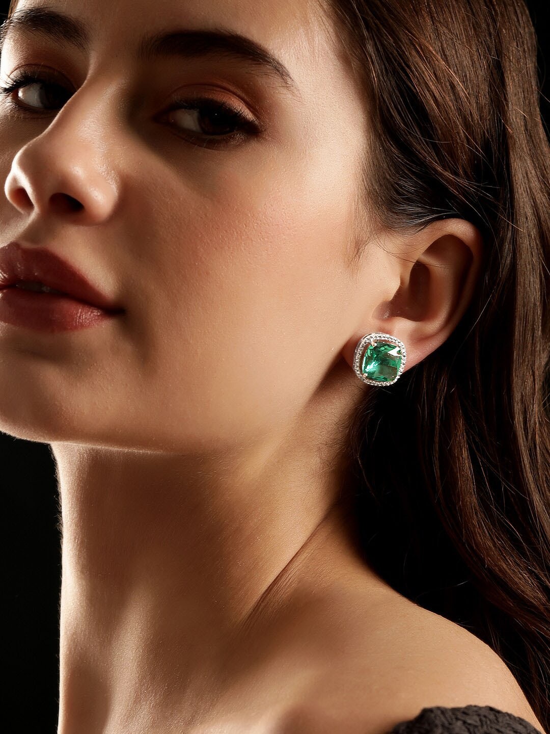 

Rubans Rhodium Plated Geometric Studs Earrings, Green