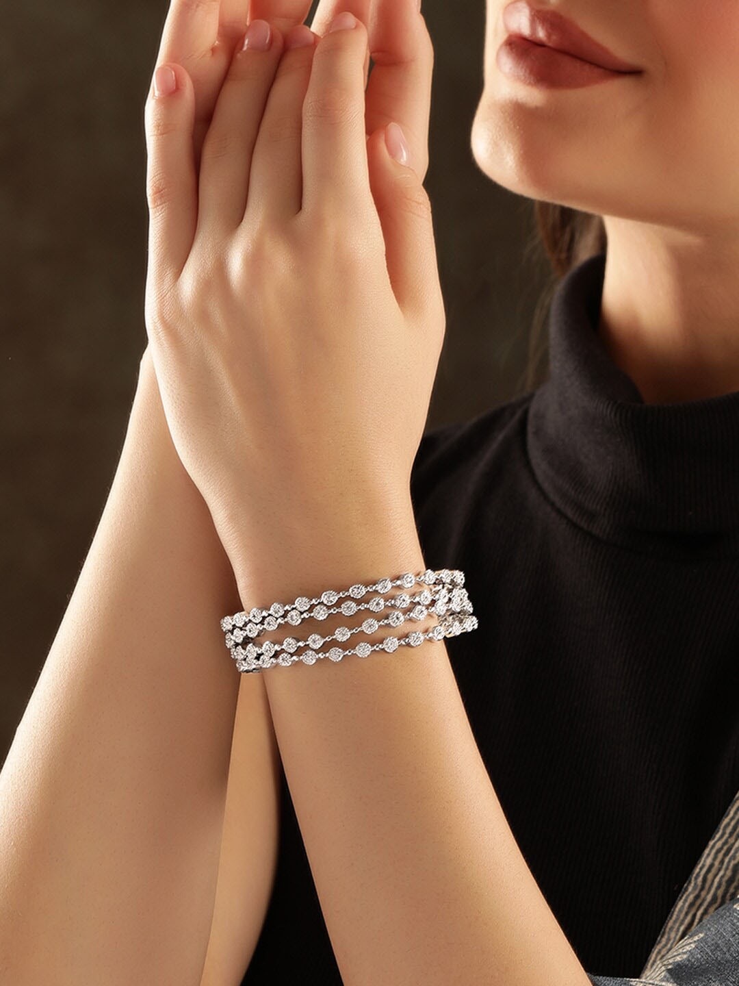 

Rubans Set Of 4 Silver-Plated CZ Studded Bangles