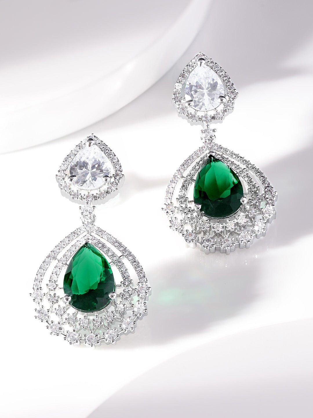 

Rubans Rhodium Plated Oval Drop Earrings, Green