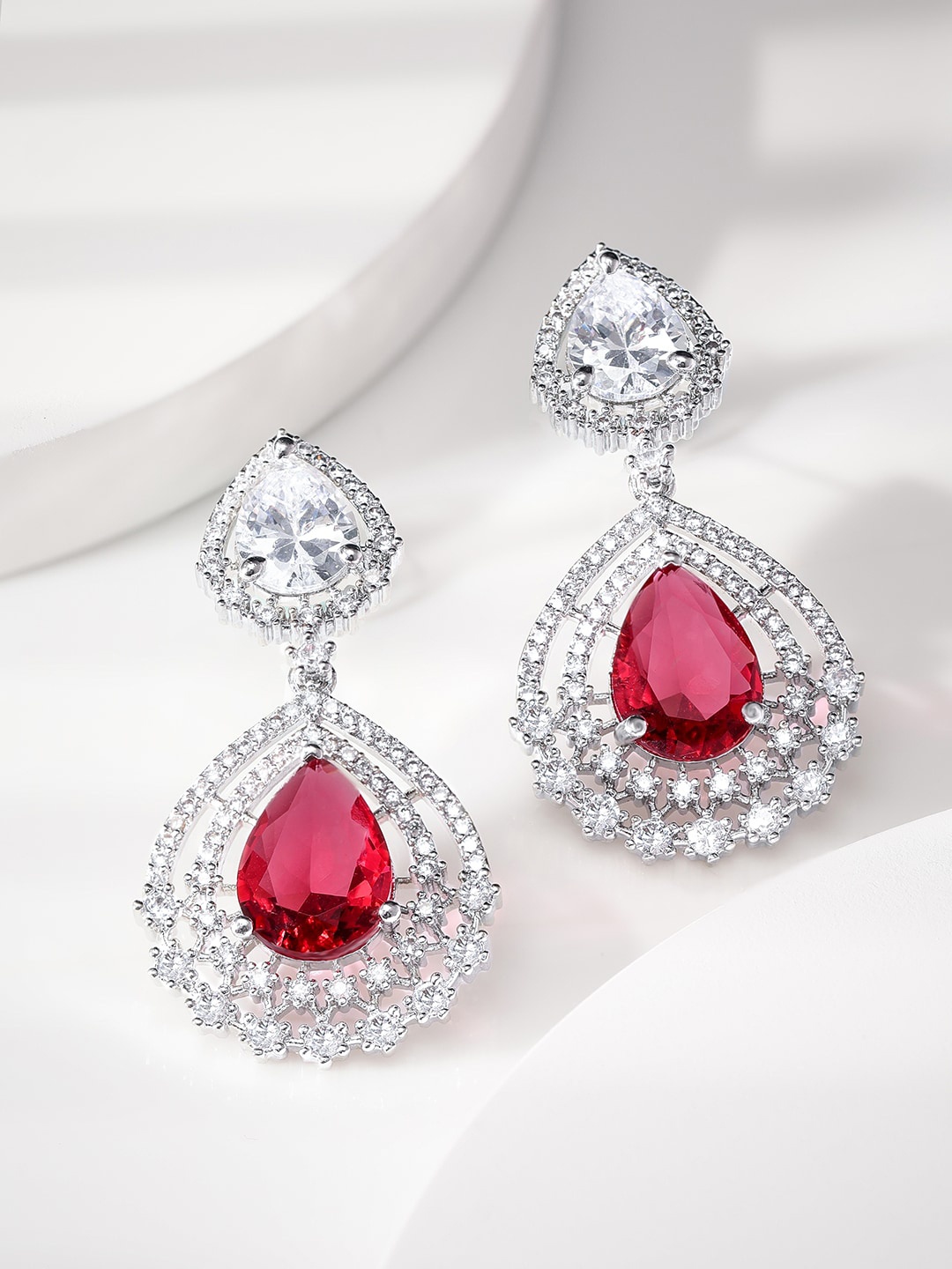 

Rubans Rhodium Plated Ruby Red & Zirconia Studded Silver Tone Premium Drop Earrings, Pink