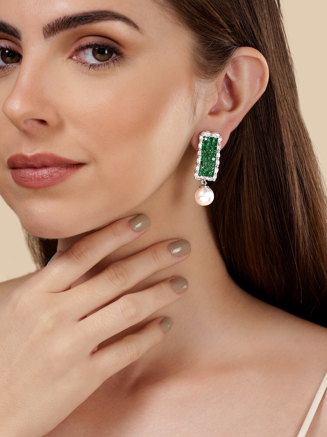 

Rubans Rhodium Plated Geometric Drop Earrings, Green