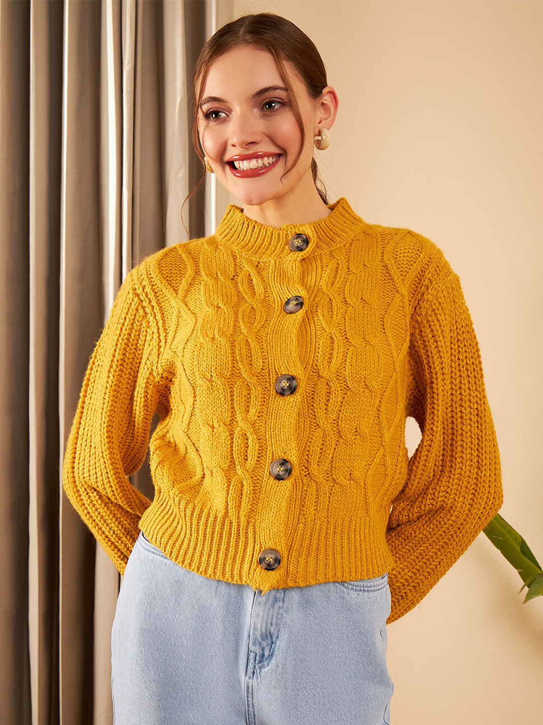 

STREET 9 Cable Knit Cardigan Pure Acrylic Cardigan Sweater, Mustard