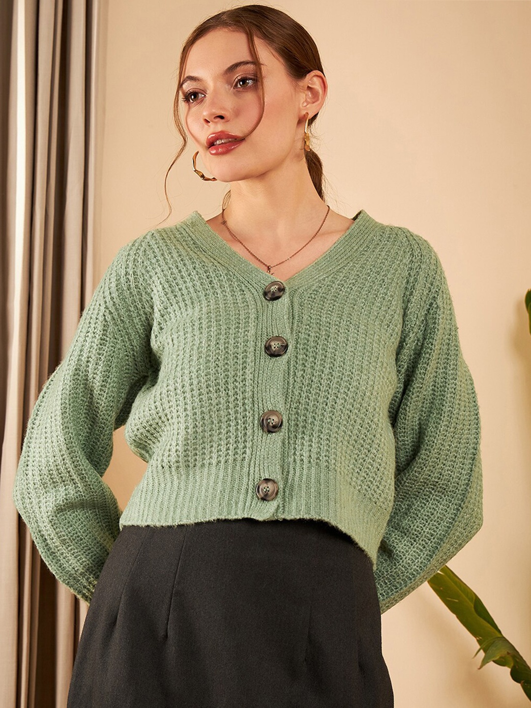 

STREET 9 Open Knit Self Design V-Neck Long Sleeves Pure Acrylic Cardigan Sweater, Green