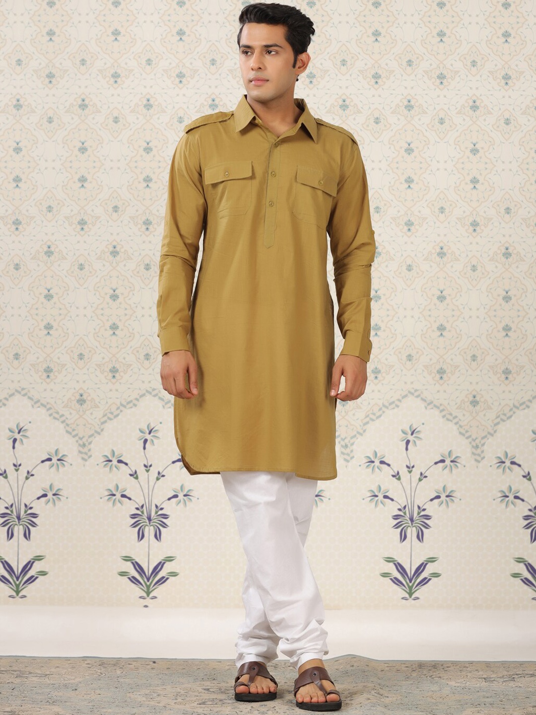 

Ode by House of Pataudi Shirt Collar Pure Cotton Pathani Kurta, Olive