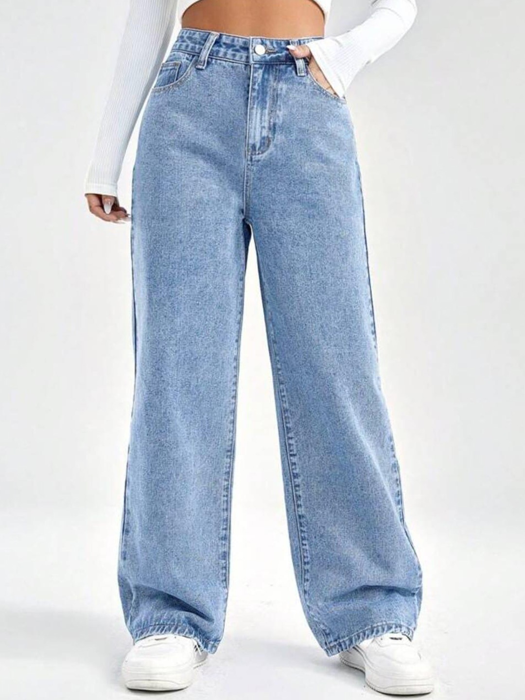 

BROADSTAR Women Smart Wide Leg High-Rise Clean Look Cotton Jeans, Blue