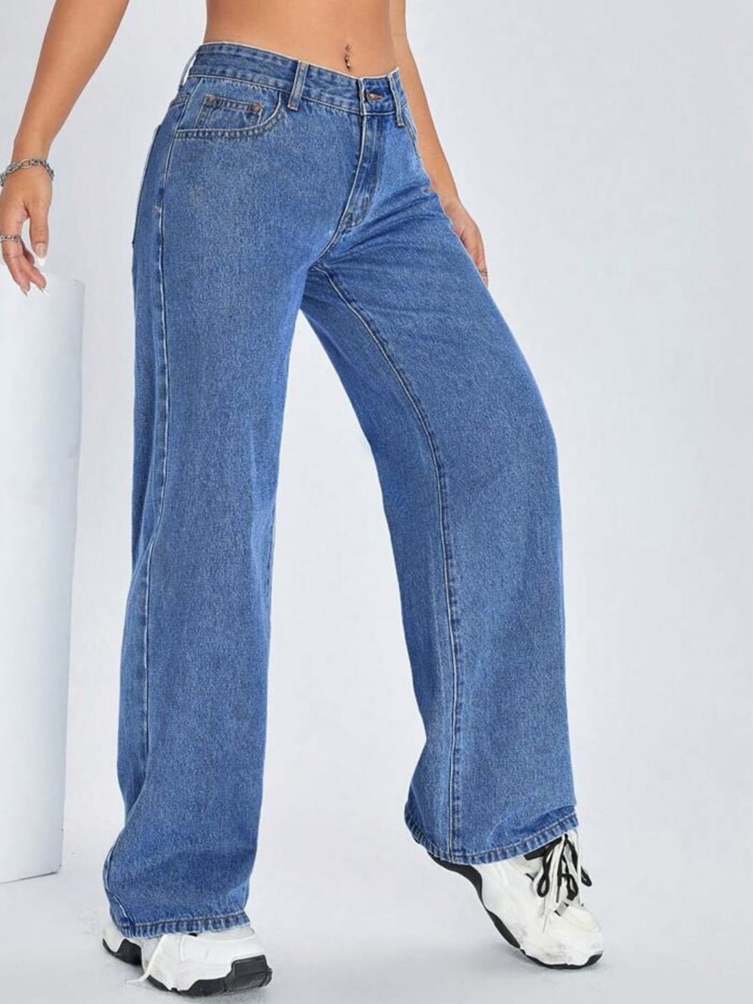 

BROADSTAR Women Smart Wide Leg High-Rise Clean Look Cotton Jeans, Blue
