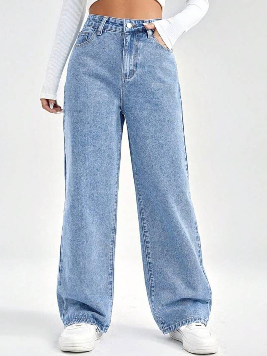 

BROADSTAR Women Smart Wide Leg High-Rise Clean Look Cotton Jeans, Blue