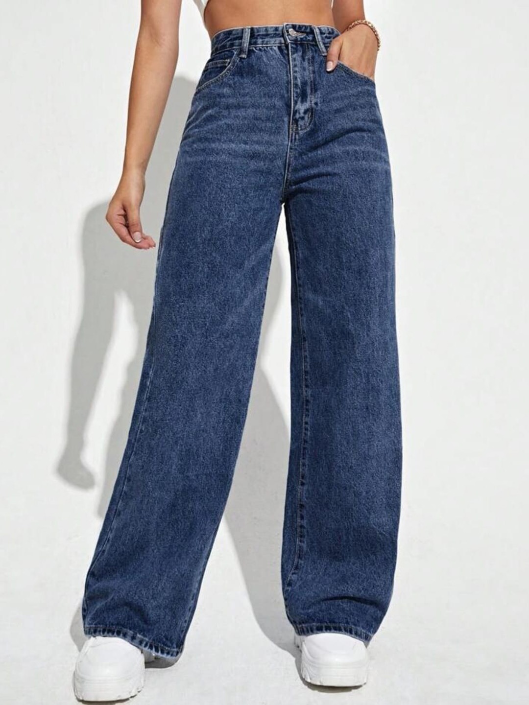 

BROADSTAR Women Smart Wide Leg High-Rise Clean Look Cotton Jeans, Blue