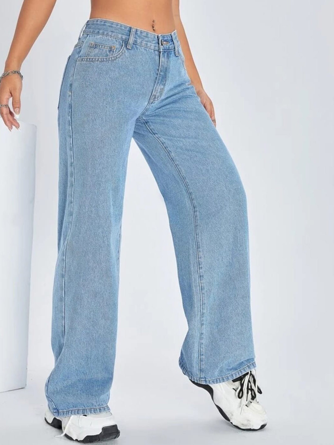 

BROADSTAR Women Smart Wide Leg High-Rise Low Distress Jeans, Blue