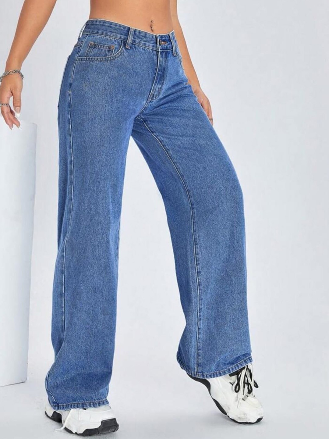 

Next One Women Smart Wide Leg High-Rise Clean Look Light Fade Cotton Jeans, Blue