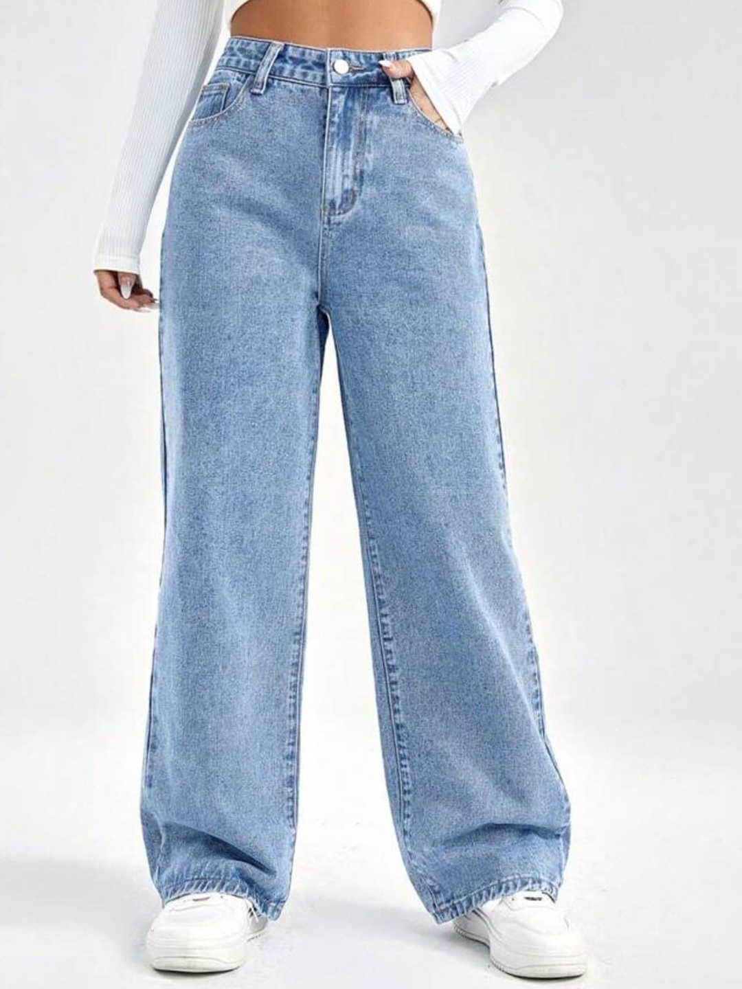 

Next One Women Smart Wide Leg High-Rise Clean Look Light Fade Cotton Jeans, Blue