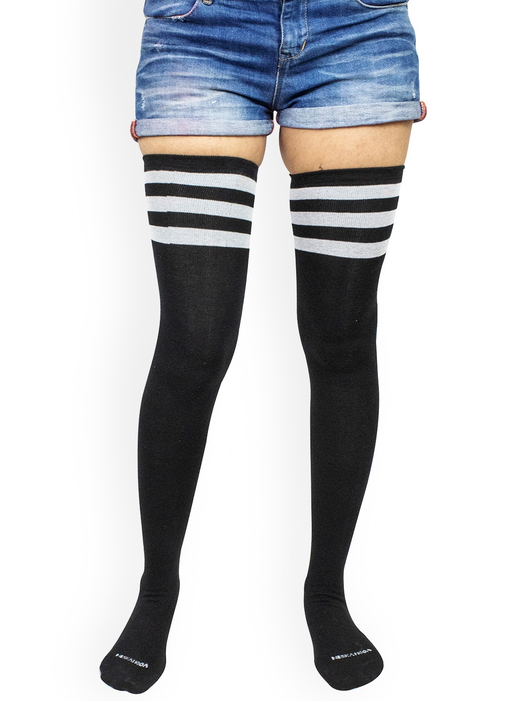 

BAESD Striped Cotton Thigh-High Stockings, Black